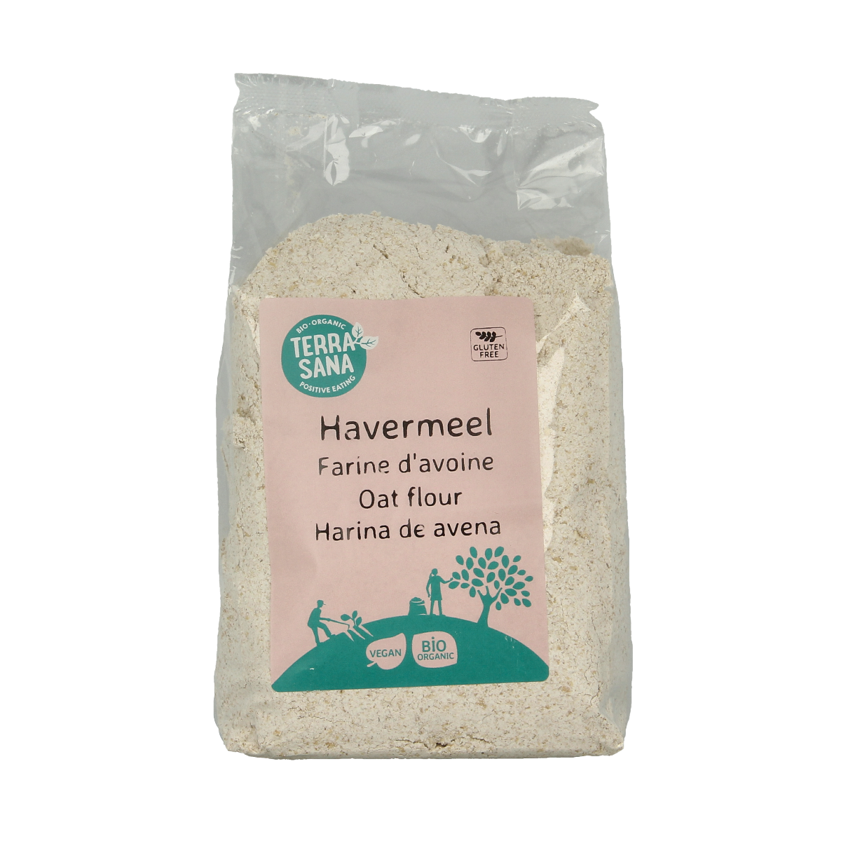 Gluten-free organic havermeel (oat flour) from TerraSana in a 500g package, suitable for baking and gluten-sensitive diets.