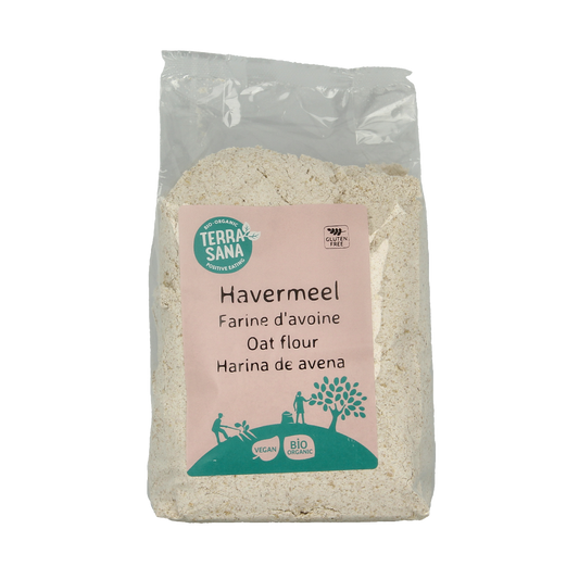 Gluten-free organic havermeel (oat flour) from TerraSana in a 500g package, suitable for baking and gluten-sensitive diets.