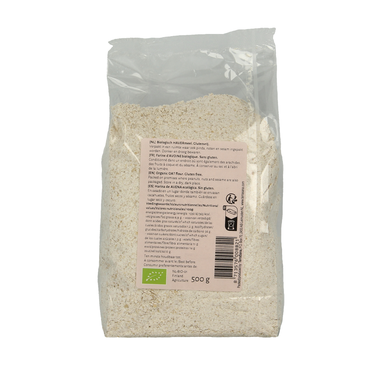Gluten-free organic spelt flour from TerraSana, 500 grams, in a clear bag showing the textured gluten-free flour.