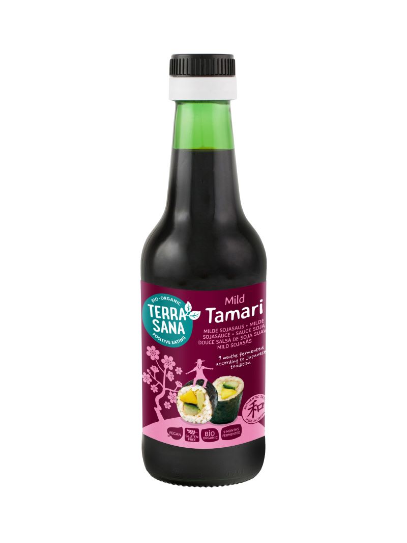 TerraSana Tamari mild gluten-free soy sauce in a 250ml glass bottle, labeled as organic sauce and flavor enhancer.