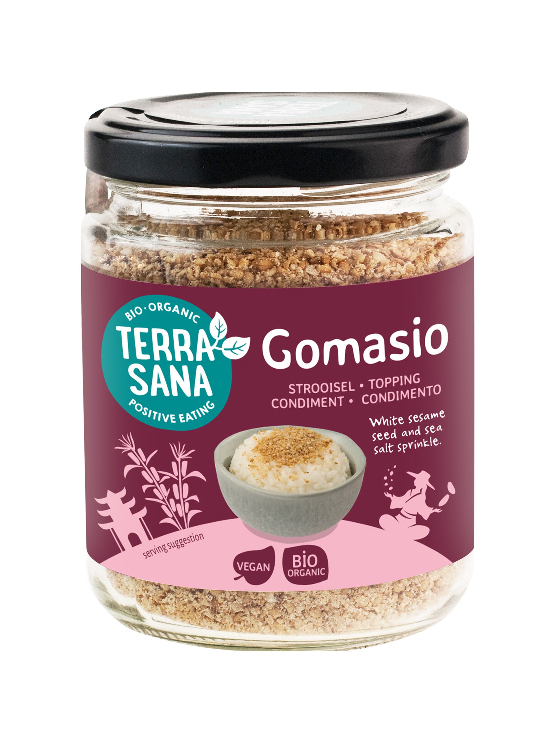 Glass jar of TerraSana Gomasio, organic seasoning blend with sesame and sea salt, 100g natural herbal and meal mix.