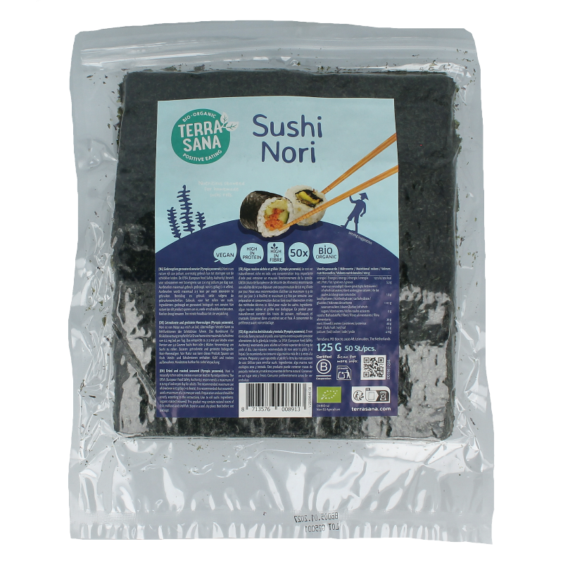 TerraSana bio geroosterde sushi nori vellen, 50 stuks, 125g, gedroogde zeewier voor sushi en snacks
