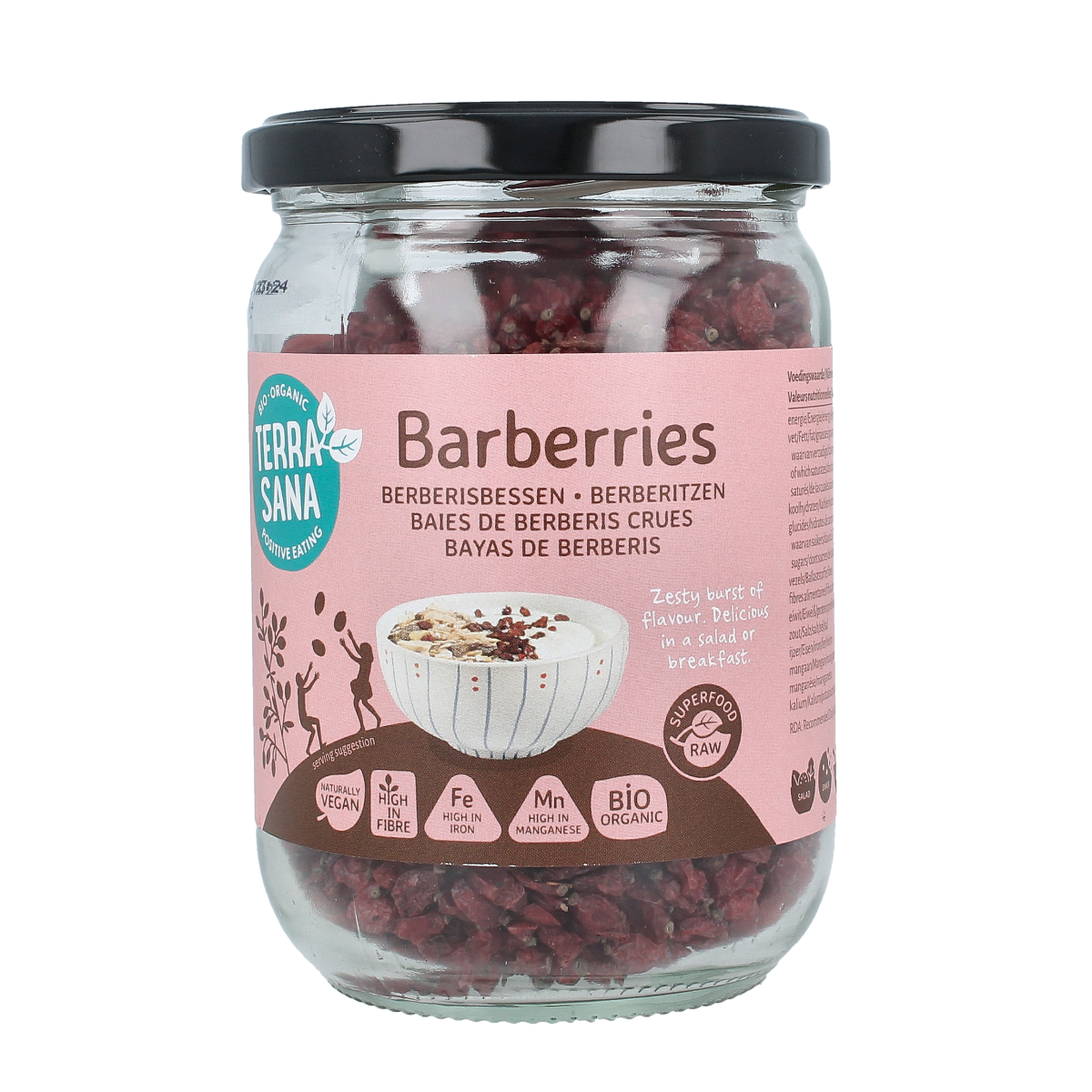 Organic TerraSana Raw Berberis Bessen (zuurbes) superfood in a 140g package, showing fresh dried berries in a clear container.