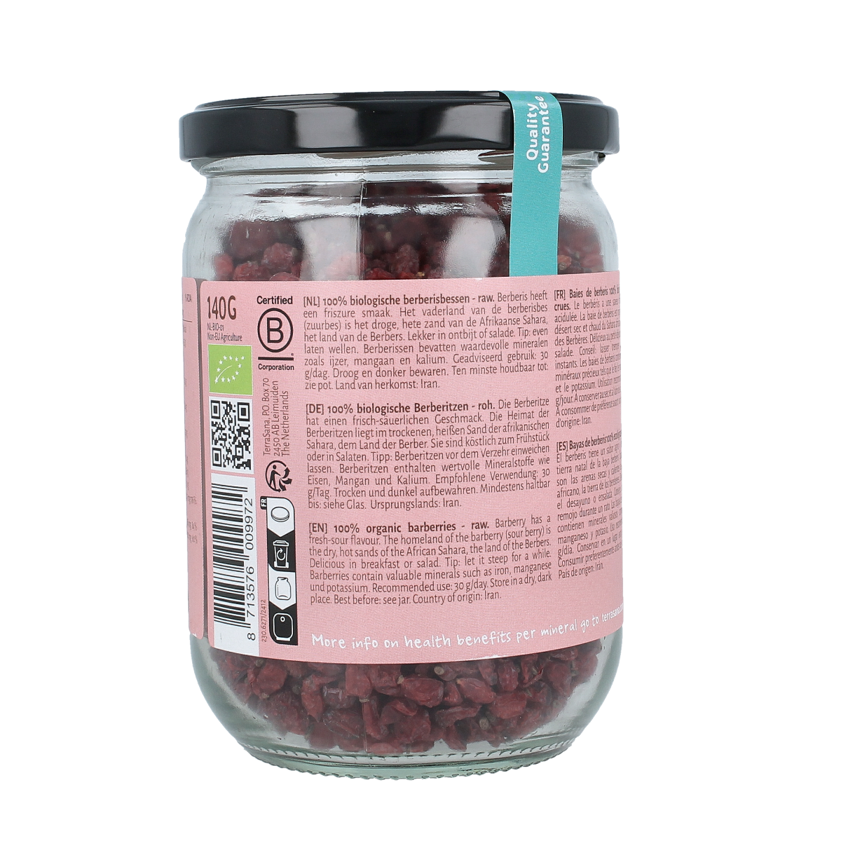 TerraSana Raw berberis bessen (zuurbes) bio, 140g, in a clear plastic bag, showing vibrant dried berberis berries for superfoods.