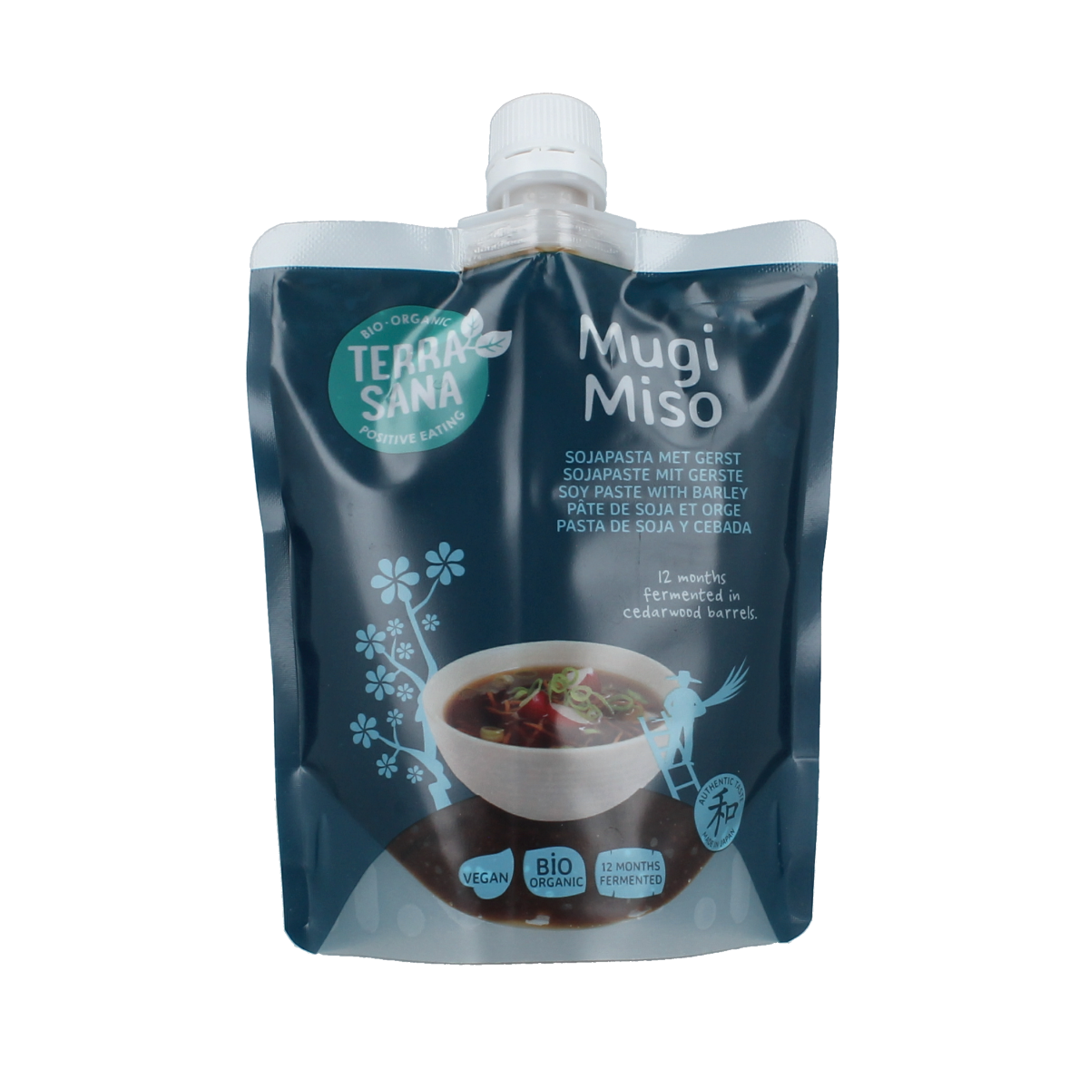 Organic TerraSana Mugi Miso soy sauce in 345g jar, showcasing the label and lid on a white background.