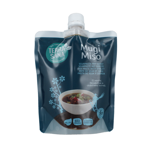 Organic TerraSana Mugi Miso soy sauce in 345g jar, showcasing the label and lid on a white background.