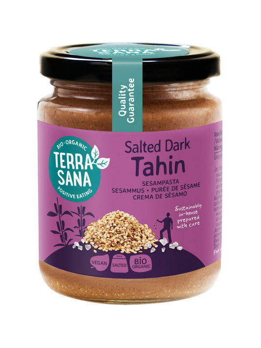 TerraSana Tahin bruin sesampasta met zeezout, organic 250g, spreadable broodbeleg with sesame and sea salt, in jar.