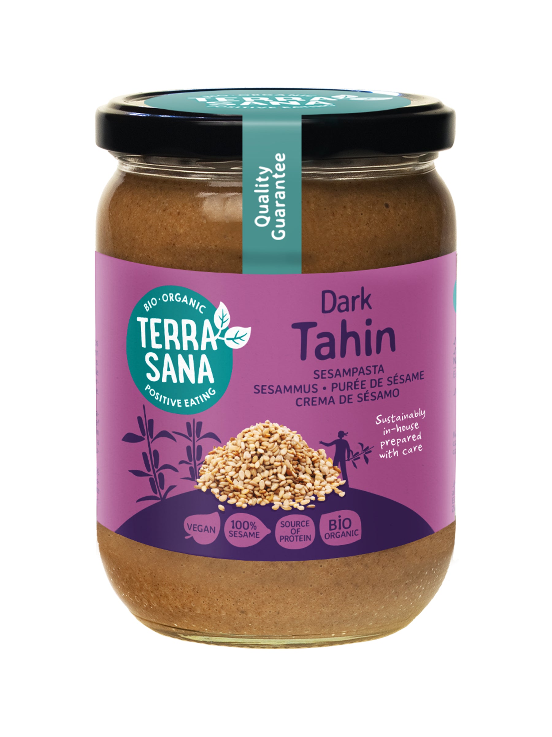 Organic TerraSana Tahin brown sesame paste in a 500g jar, natural broodbeleg with no added salt, made from pure toasted sesame seeds.