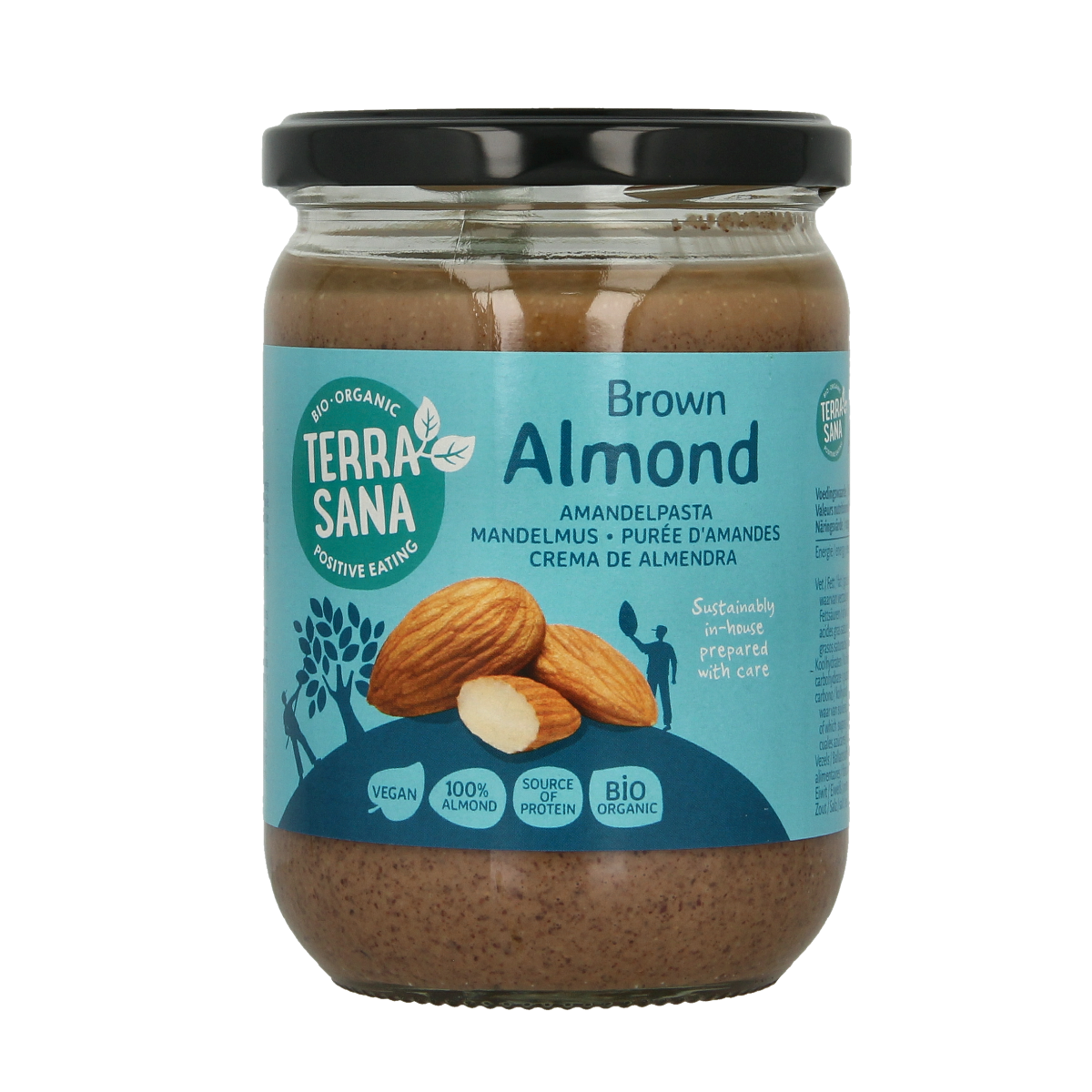 Jar of TerraSana organic almond butter spread, 500g, featuring a smooth almond-based broodbeleg for sandwiches and snacks.