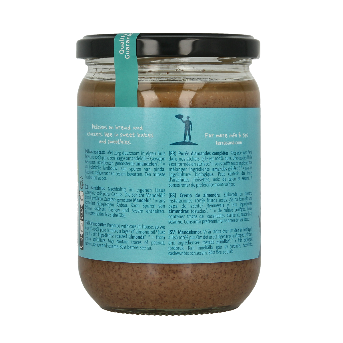 Organic TerraSana almond spread on bread, 500g jar, with a smooth, creamy texture and almond pieces visible.