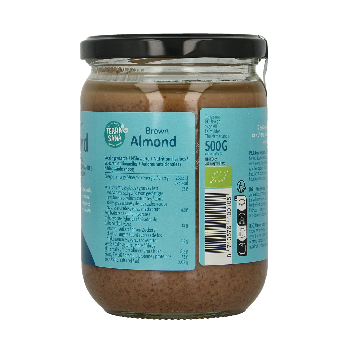 Organic TerraSana almond spread on bread, 500g jar, smooth almond-based spread for breakfast or snacks.