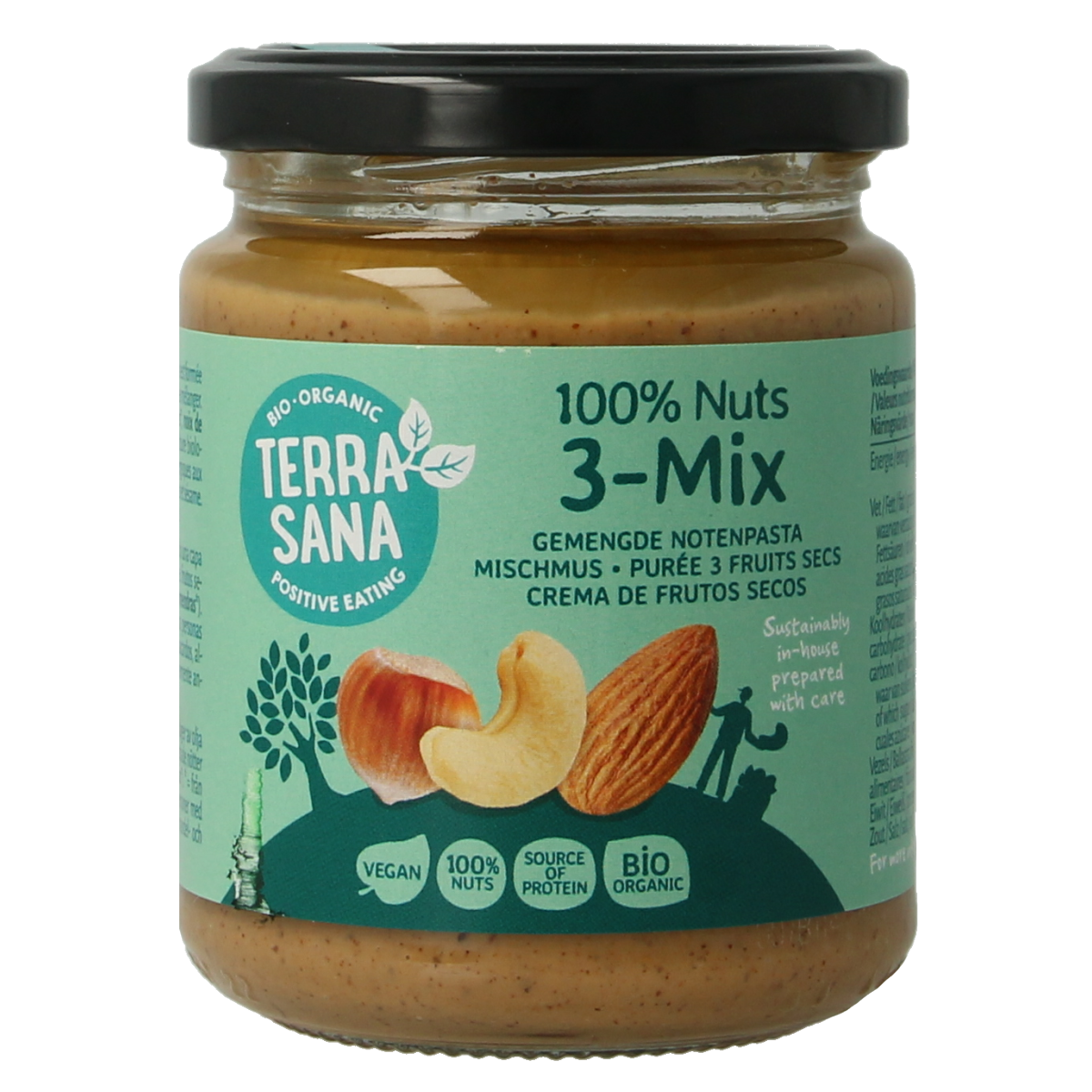 TerraSana 3-mix notenpasta zonder pinda, biologisch broodbeleg, 250g, displayed in a jar with a spoon and nuts around it.