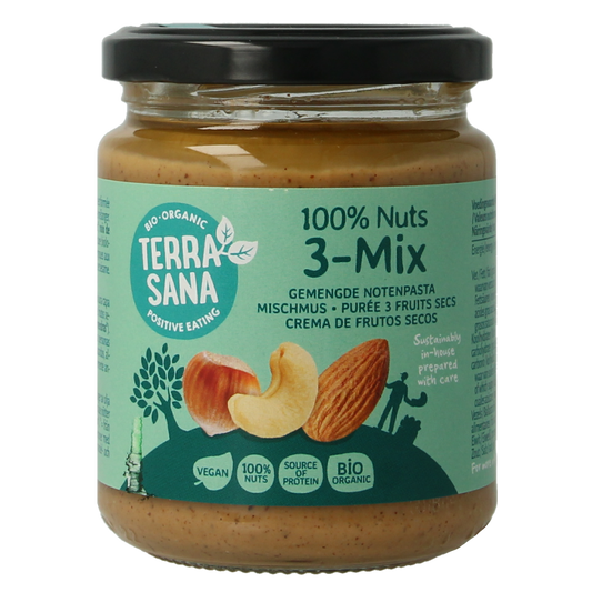 TerraSana 3-mix notenpasta zonder pinda, biologisch broodbeleg, 250g, displayed in a jar with a spoon and nuts around it.