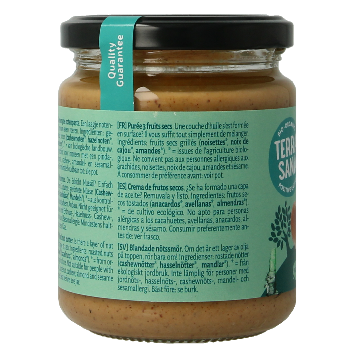 Terrasana 3-mix notenpasta zonder pinda, biologische broodbeleg, 250g jar with mixed nut spread and no peanuts.