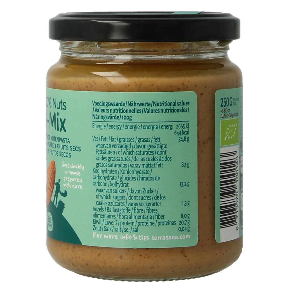 TerraSana 3-mix notenpasta zonder pinda, bio broodbeleg in 250g jar with mixed nuts and natural ingredients.