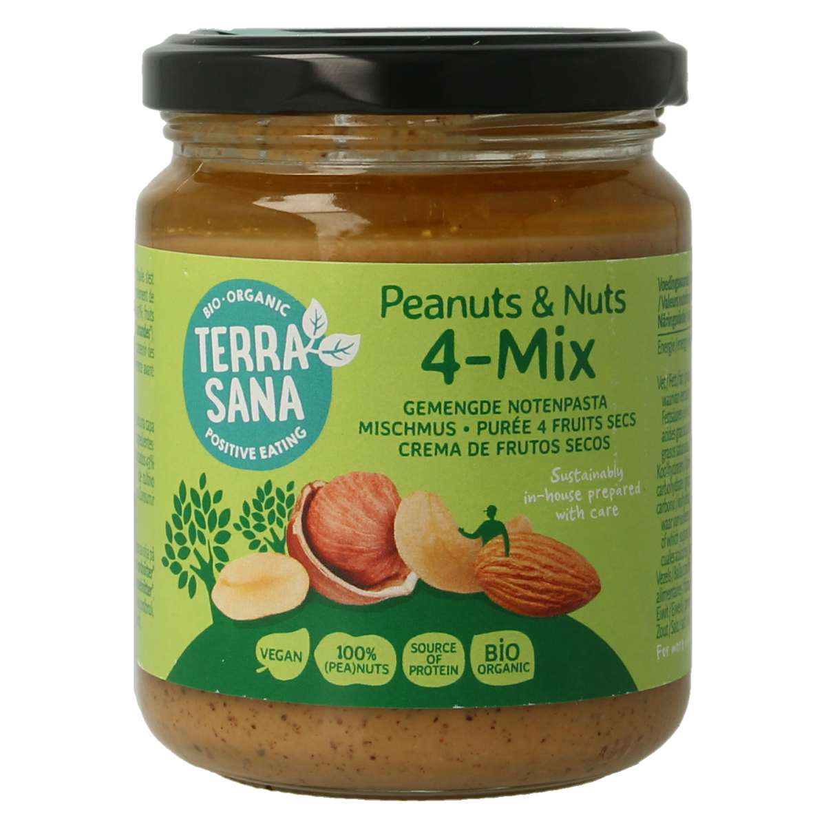 TerraSana 4-mix gemengde notenpasta zonder zout, biologisch broodbeleg, 250g jar with mixed nuts and creamy texture