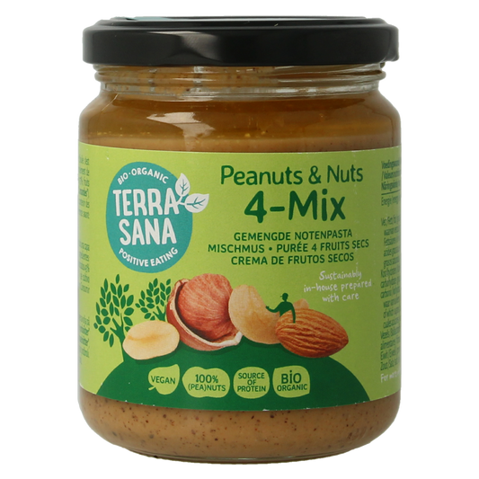 TerraSana 4-mix gemengde notenpasta zonder zout, biologisch broodbeleg, 250g jar with mixed nuts and creamy texture