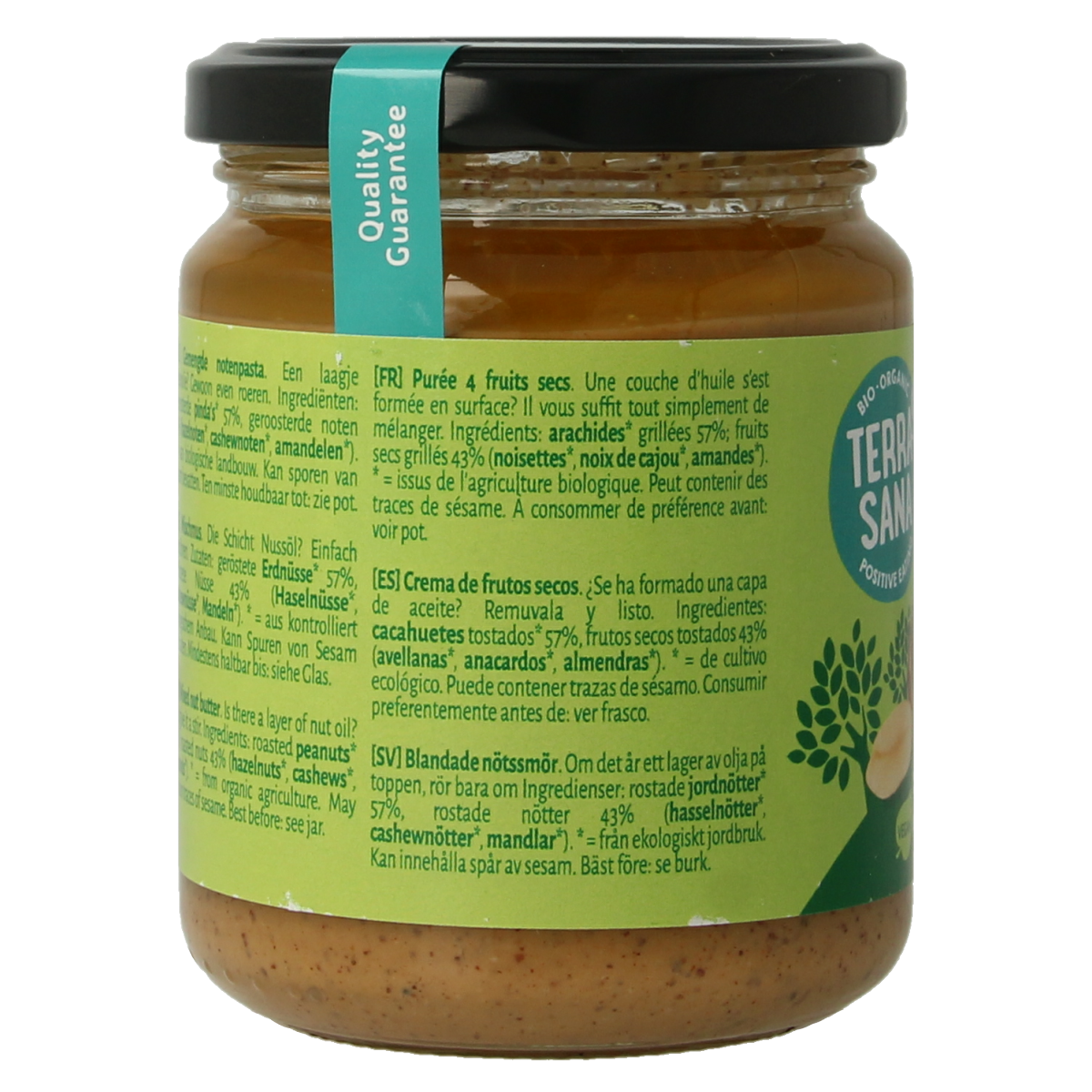 TerraSana 4-mix organic unsalted nut butter spread in a jar, ideal as healthy breadbeleg, 250 grams