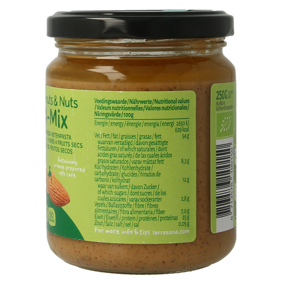 TerraSana 4-mix gemengde notenpasta zonder zout, bio broodbeleg in 250g verpakking, met gemengde noten en natuurlijke ingrediënten