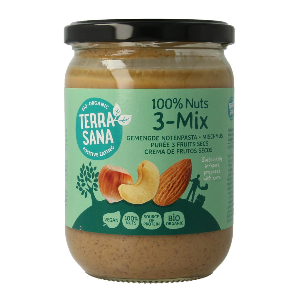 TerraSana 3-mix notenpasta zonder pinda, bio, 500g, spreadable broodbeleg with mixed nuts and natural ingredients.