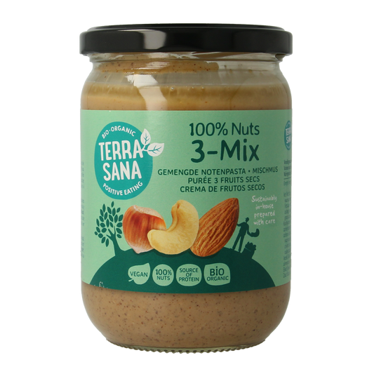 TerraSana 3-mix notenpasta zonder pinda, bio, 500g, spreadable broodbeleg with mixed nuts and natural ingredients.