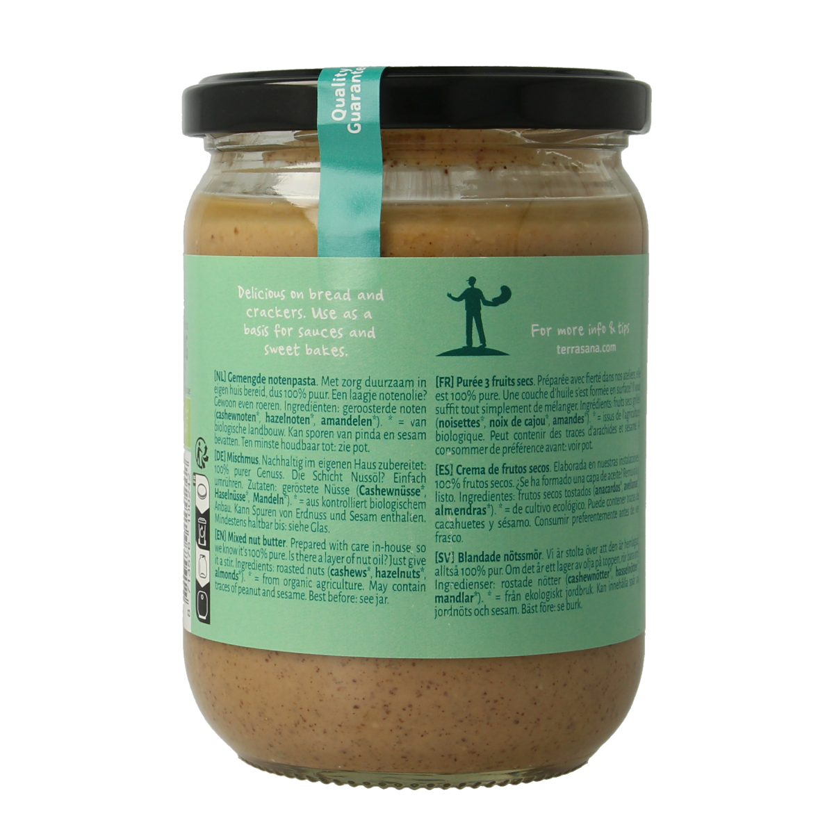 TerraSana 3-mix notenpasta zonder pinda, biologische broodbeleg, 500g jar with mixed nuts and creamy texture.