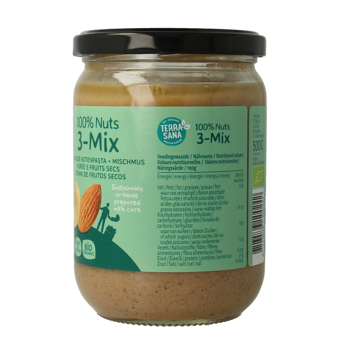 TerraSana 3-mix notenpasta zonder pinda, biologische broodbeleg in 500g jar with mixed nuts and creamy texture.
