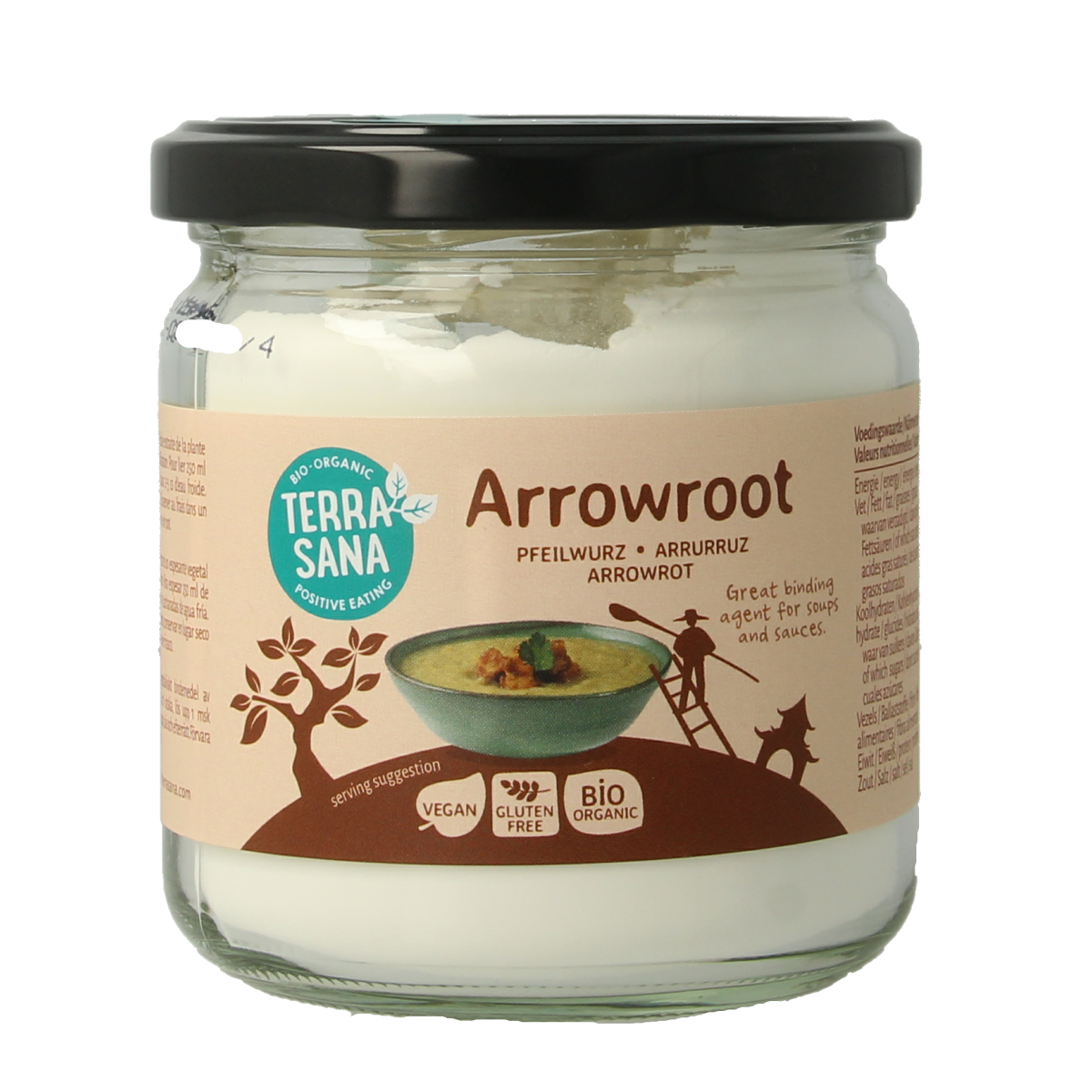 Organic TerraSana Arrowroot powder in a 150g package, used as a natural thickener and flavor enhancer in sauces and recipes.
