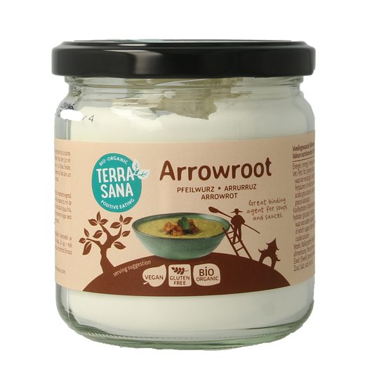 Organic TerraSana Arrowroot powder in a 150g package, used as a natural thickener and flavor enhancer in sauces and recipes.