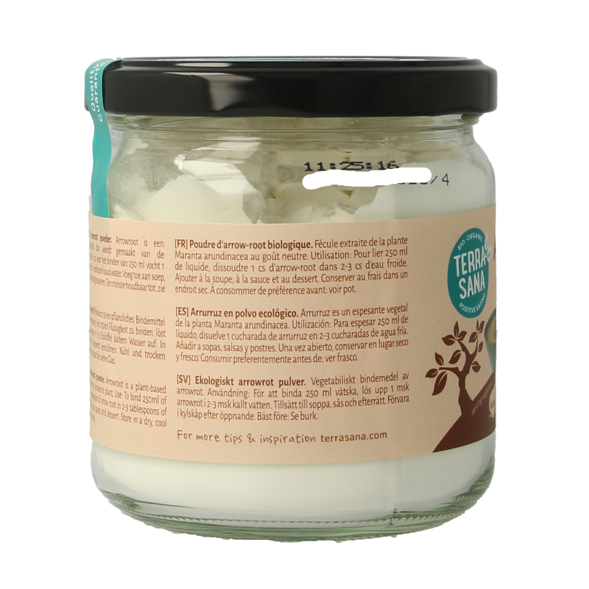 Organic TerraSana Arrowroot powder in a 150g package, used as a natural thickening agent for sauces and flavorings.