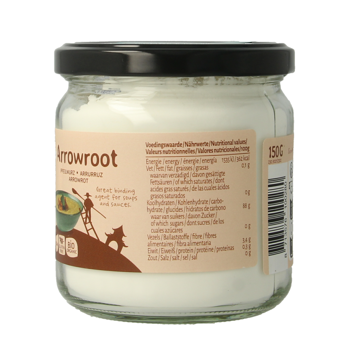 Organic TerraSana arrowroot powder in a 150g package, used as a natural thickener and flavor enhancer in sauces and cooking.
