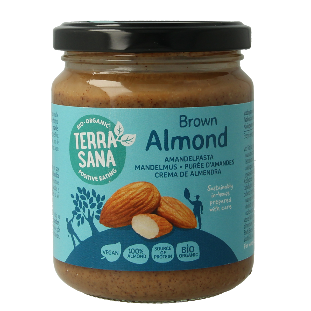 Organic TerraSana almond spread on bread, 250g jar, showcasing the creamy almond paste in a natural setting.