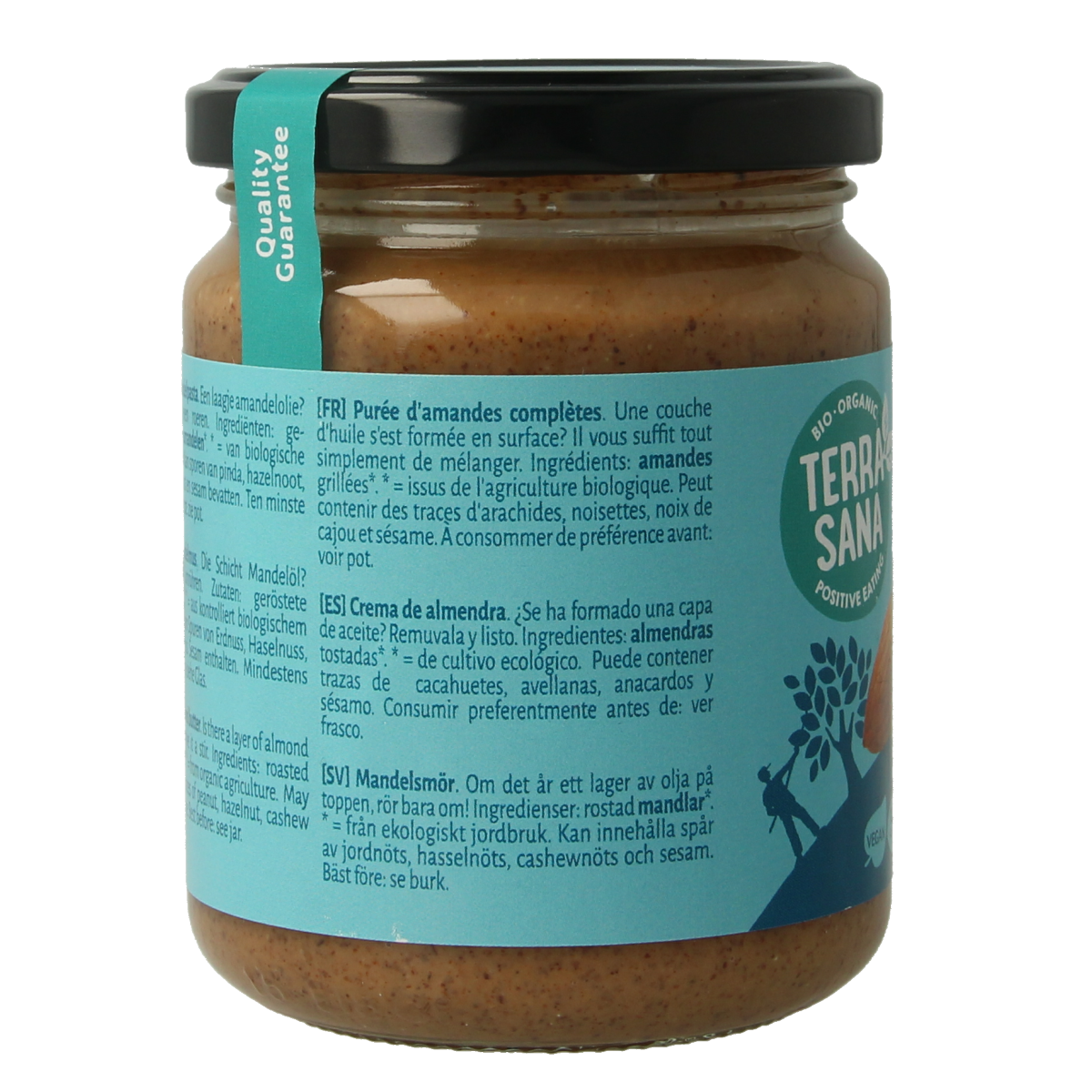 Organic TerraSana almond spread on bread, 250g jar with almond pieces visible, ideal as a healthy breakfast or snack.