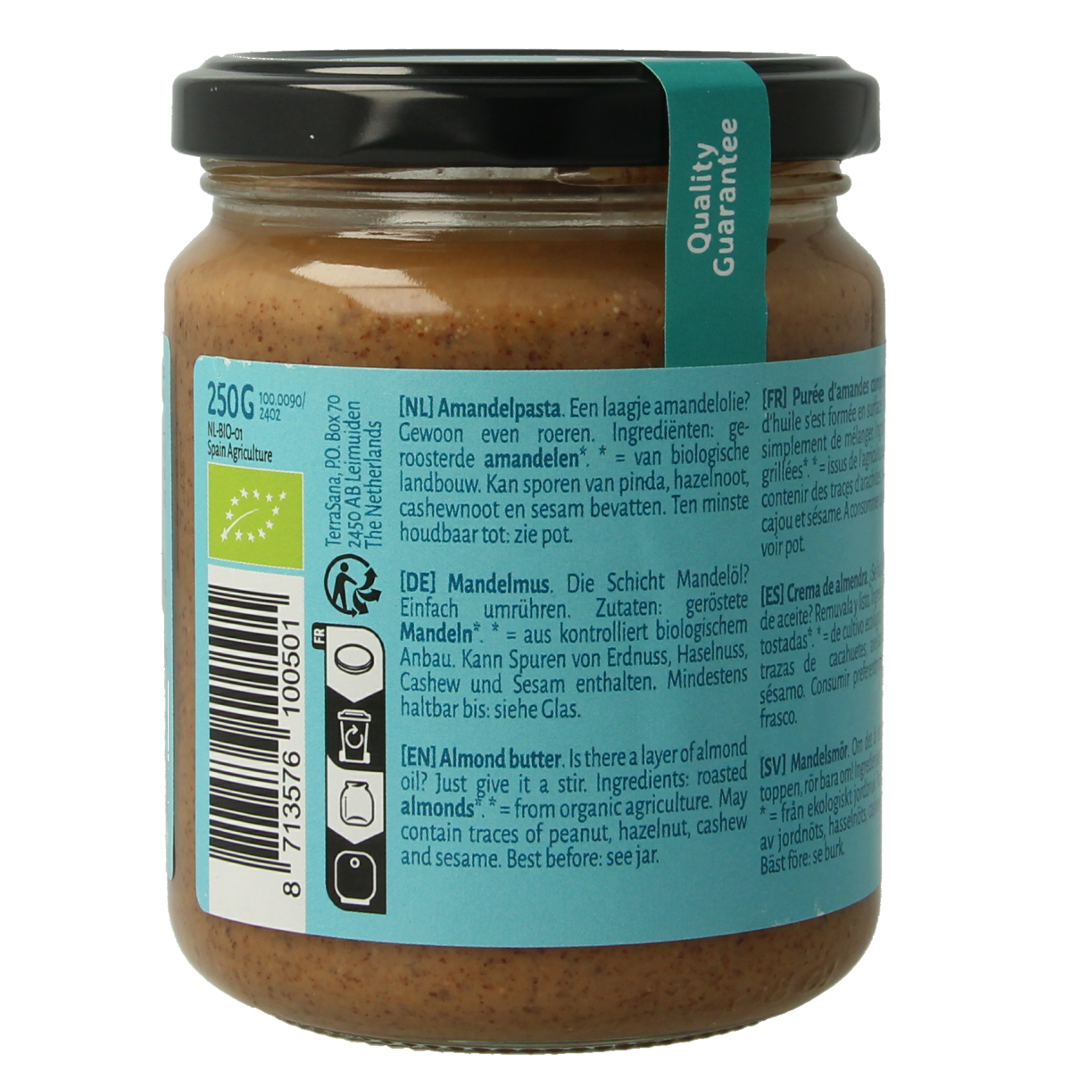 Organic TerraSana almond spread on bread, showing creamy almond paste in a jar, ideal for breakfast or snacks.