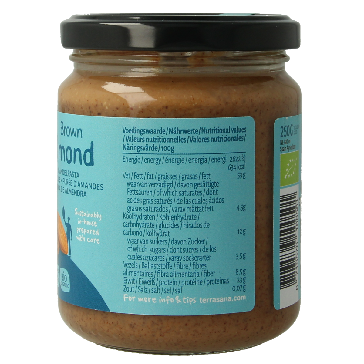 Organic TerraSana almond spread on bread, showing a jar of TerraSana Amandelpasta bio 250g with a smooth, nutty texture.
