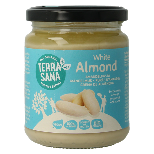TerraSana biological white almond paste spread on bread, 250g jar, creamy almond butter for breakfast or snacks.