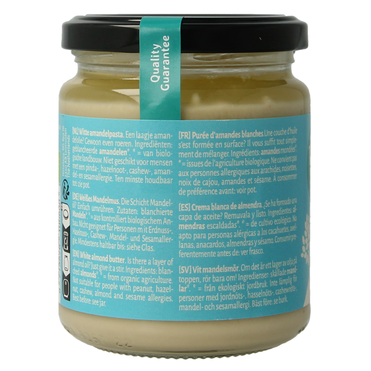 Organic TerraSana white almond butter spread on bread, 250g jar, showing almond paste texture and packaging.
