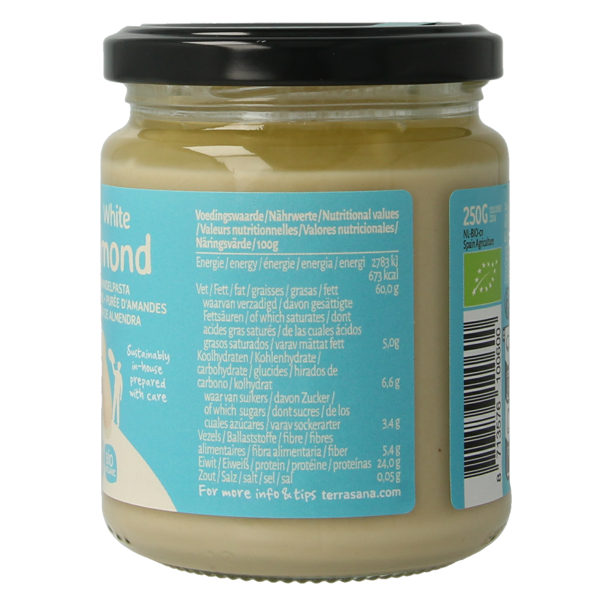 TerraSana organic white almond butter spread on whole grain bread, 250g jar, natural and creamy almond-based broodbeleg.