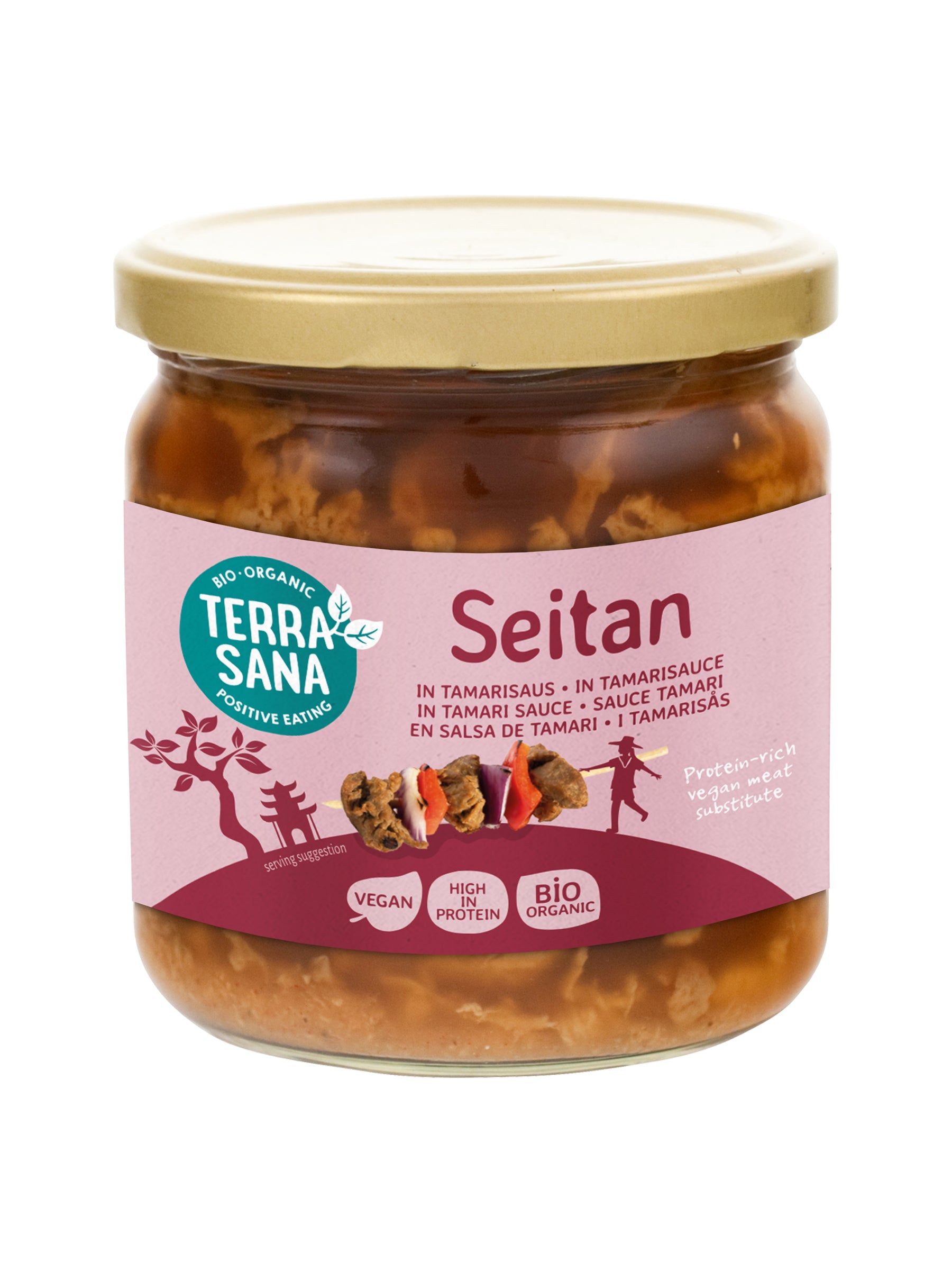TerraSana Seitan in tamarisaus bio, 350g, vegan meat substitute with seitan pieces in a tamarind sauce on a plate.