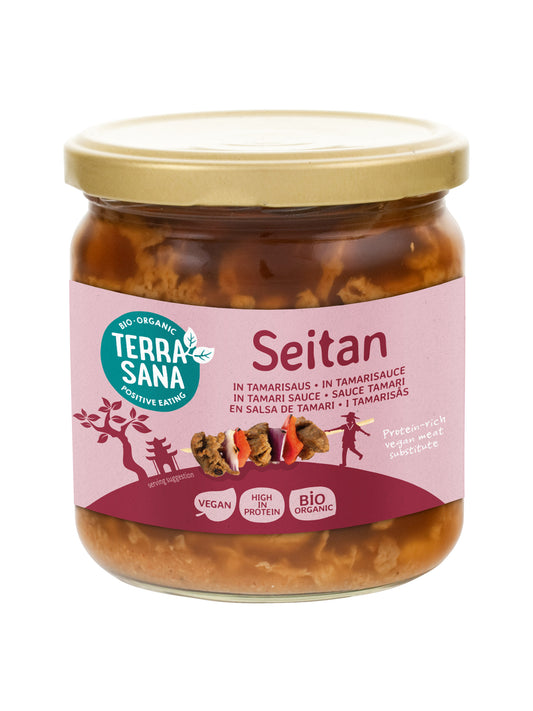 TerraSana Seitan in tamarisaus bio, 350g, vegan meat substitute with seitan pieces in a tamarind sauce on a plate.