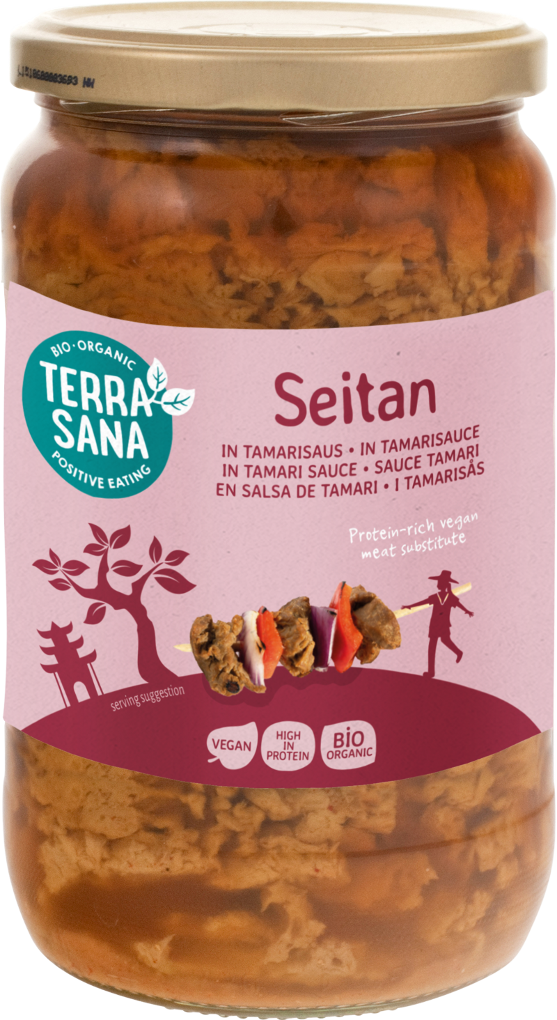 TerraSana Seitan in tamarisaus bio, 700g, plant-based meat substitute with tamarind sauce in a packaging shot.