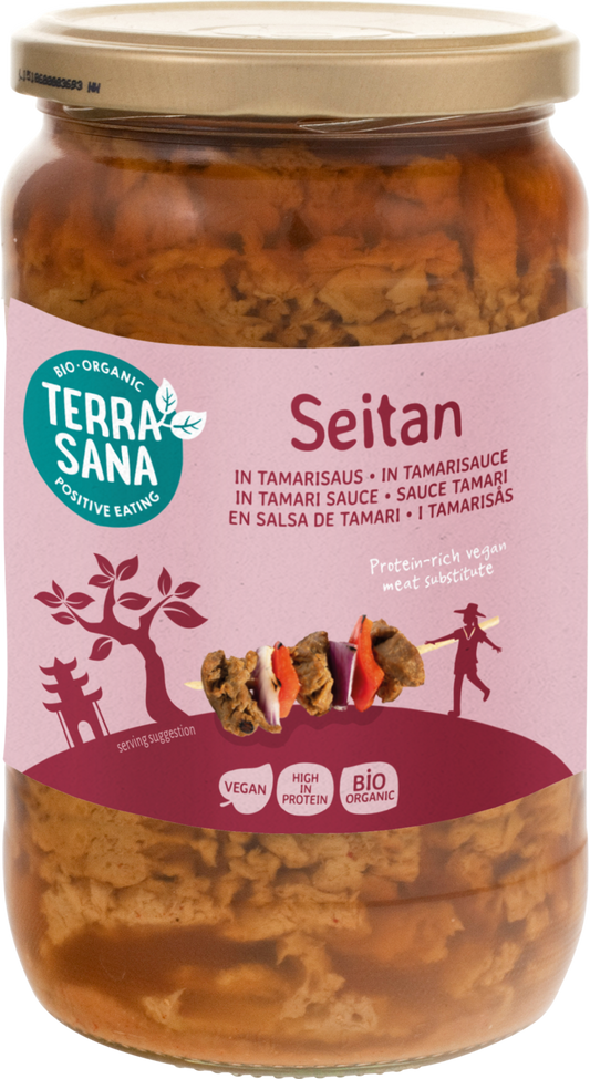 TerraSana Seitan in tamarisaus bio, 700g, plant-based meat substitute with tamarind sauce in a packaging shot.