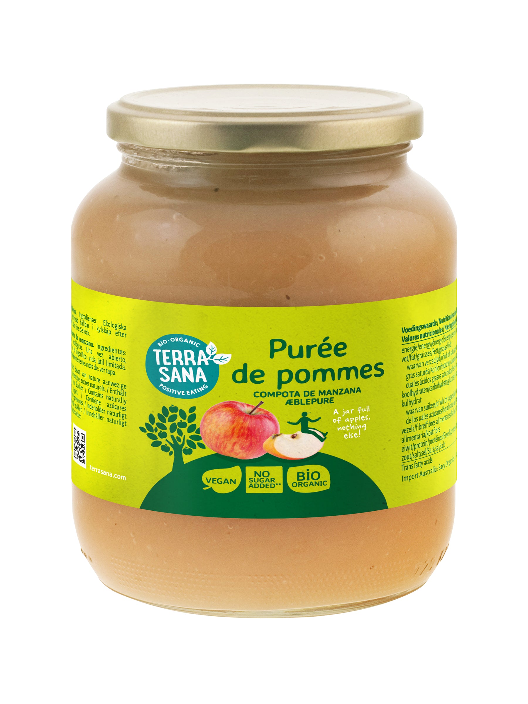 Organic TerraSana apple puree jar with a label showing fresh apples, 700g, made from organic apples and fruit.