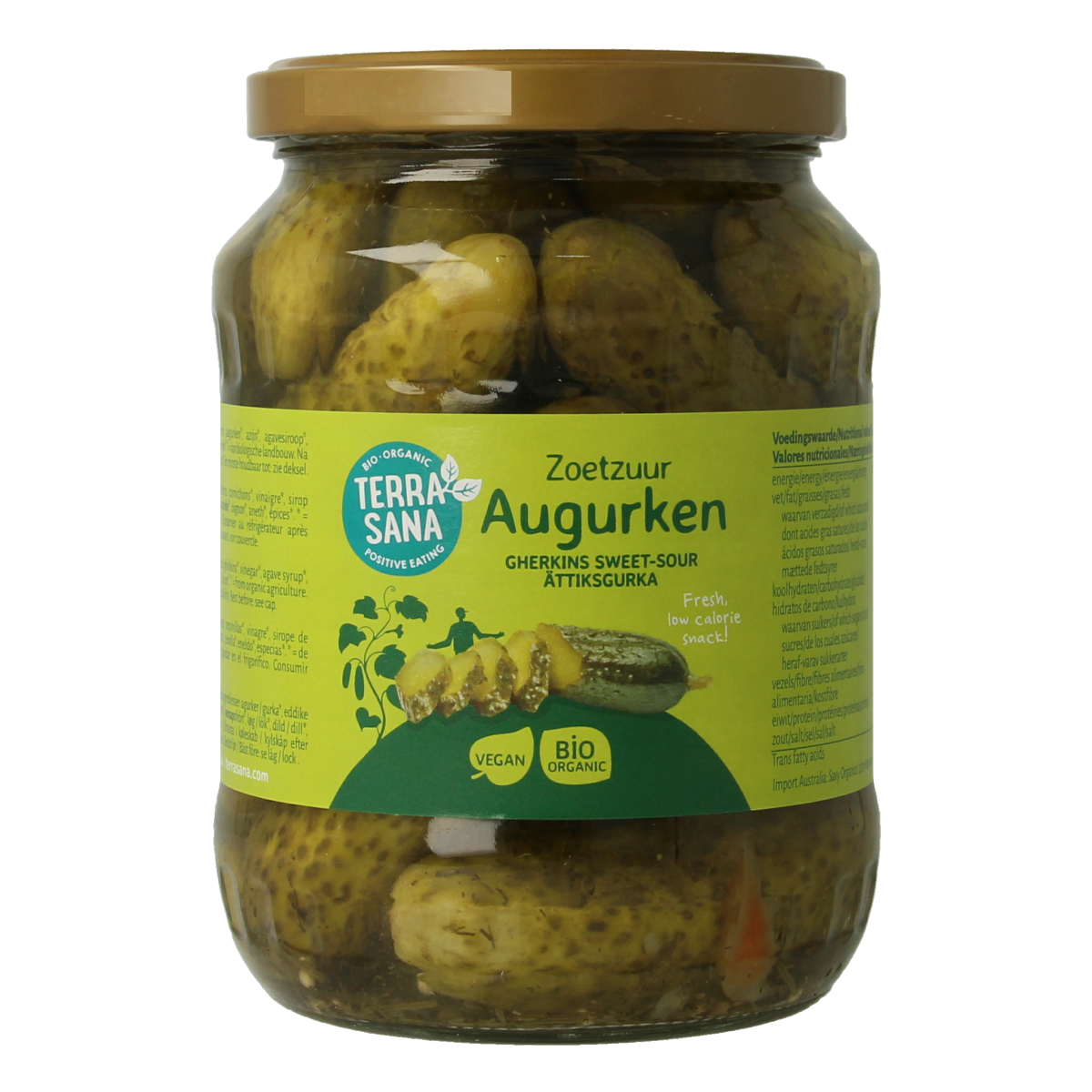 TerraSana bio sweet and sour pickles in a 670g jar, showcasing the colorful, tangy pickles made from fresh vegetables.