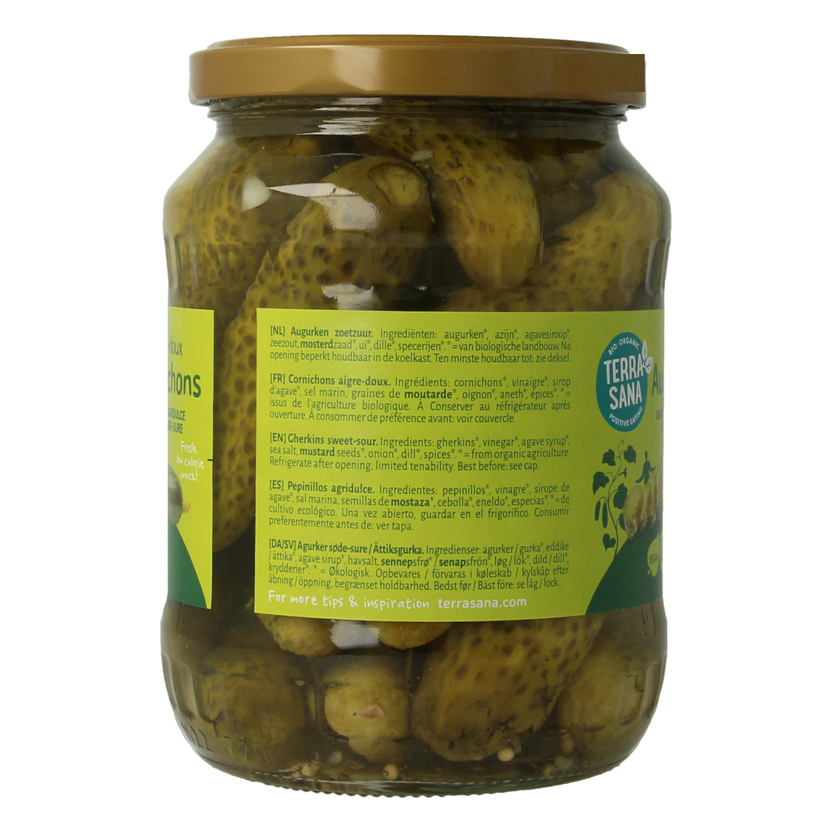 Glass jar of TerraSana organic sweet and sour pickles, 670 grams, with fresh cucumber slices and brine visible inside.