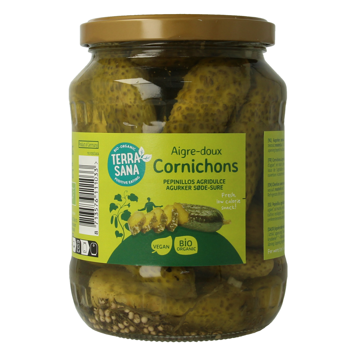 TerraSana organic sweet and sour pickles in a 670g jar, preserved vegetables and fruit with a colorful label.