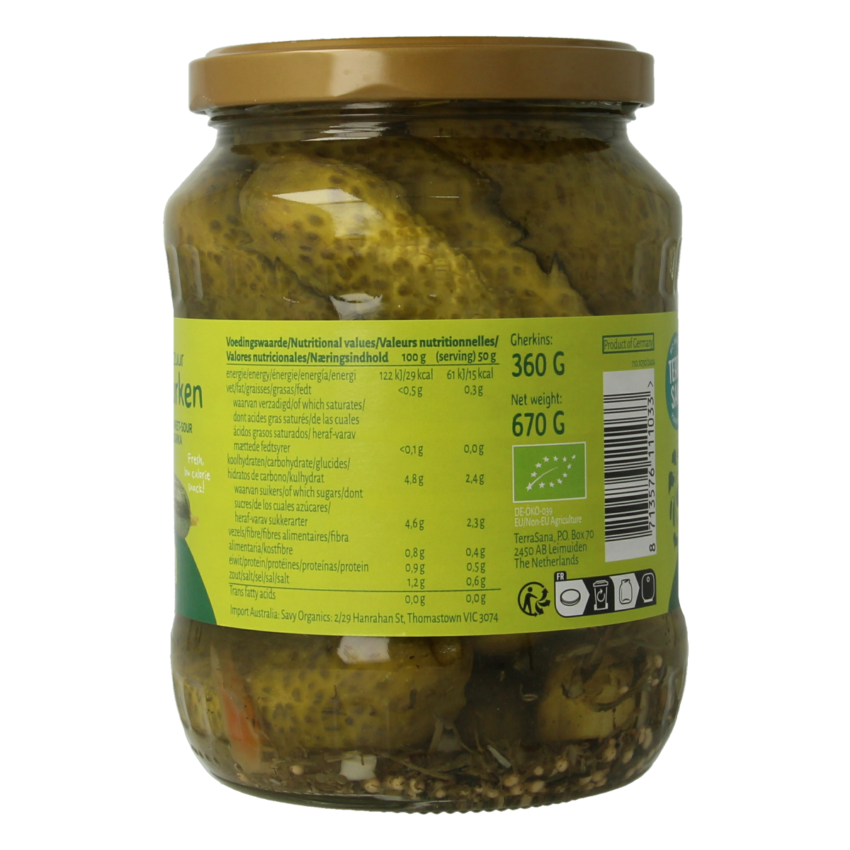 TerraSana bio sweet and sour pickled cucumbers in a 670g jar, fresh and crunchy, ideal for salads and snacks.