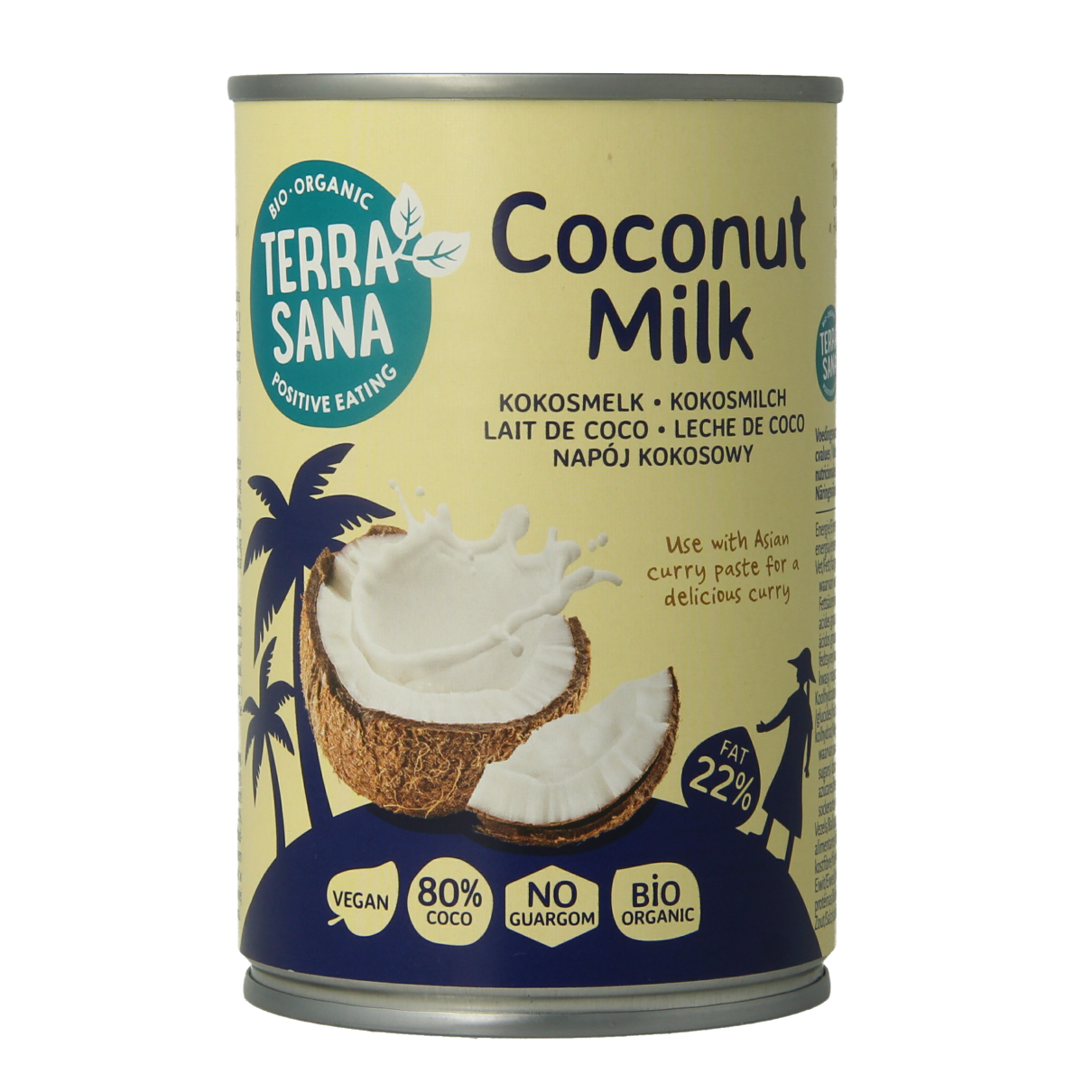 Organic TerraSana Kokosmelk 22% vet in a 400ml carton, showcasing a can of coconut milk for cooking and baking.