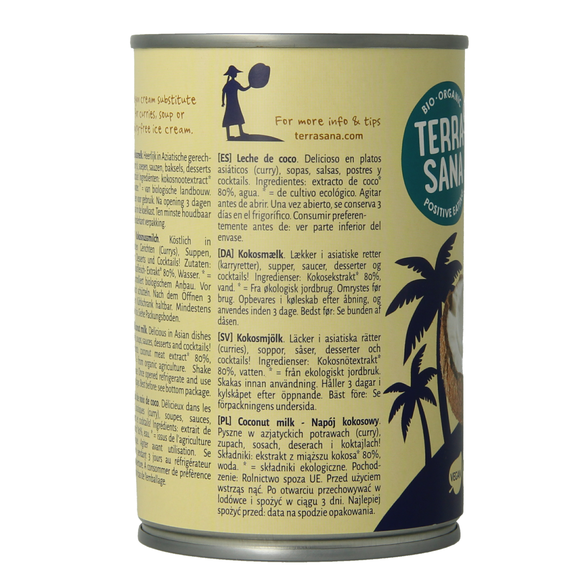TerraSana organic coconut milk with 22% fat in a 400ml bottle, used for sauces and flavoring in cooking.