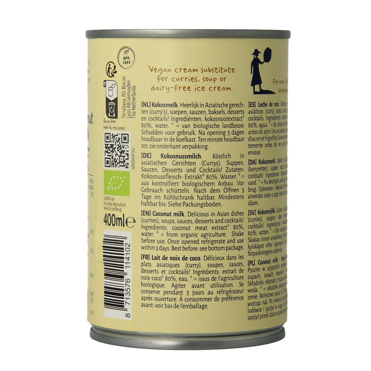 Organic TerraSana coconut milk with 22% fat in a 400ml carton, ideal for sauces and flavoring.